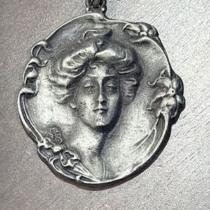 Goldn Things necklace pewter art deco Victorian ladies face